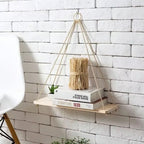 Wooden Hanging Plant Shelf with Hemp Rope Floating Wall Mounted Tray for Home, Garden, and Living Room Decoration
