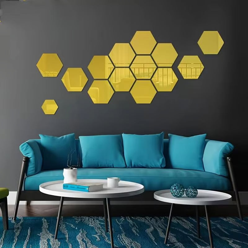 12Pcs Hexagon Acrylic Mirror 3D Wall Sticker for Living Room and Home Decoration
