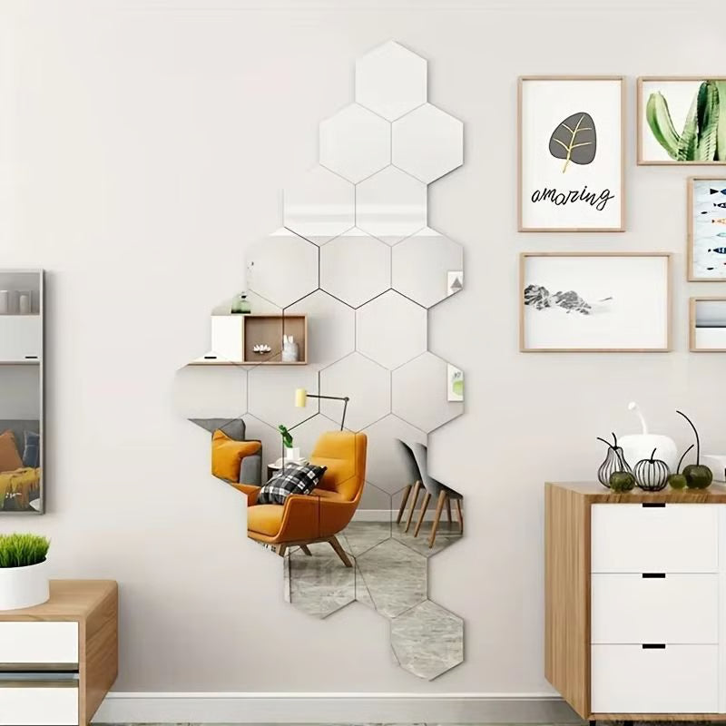 12Pcs Hexagon Acrylic Mirror 3D Wall Sticker for Living Room and Home Decoration