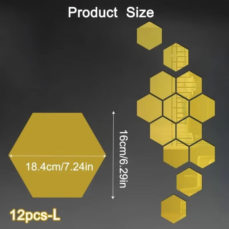 12Pcs Hexagon Acrylic Mirror 3D Wall Sticker for Living Room and Home Decoration