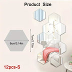 12Pcs Hexagon Acrylic Mirror 3D Wall Sticker for Living Room and Home Decoration