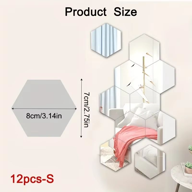 12Pcs Hexagon Acrylic Mirror 3D Wall Sticker for Living Room and Home Decoration